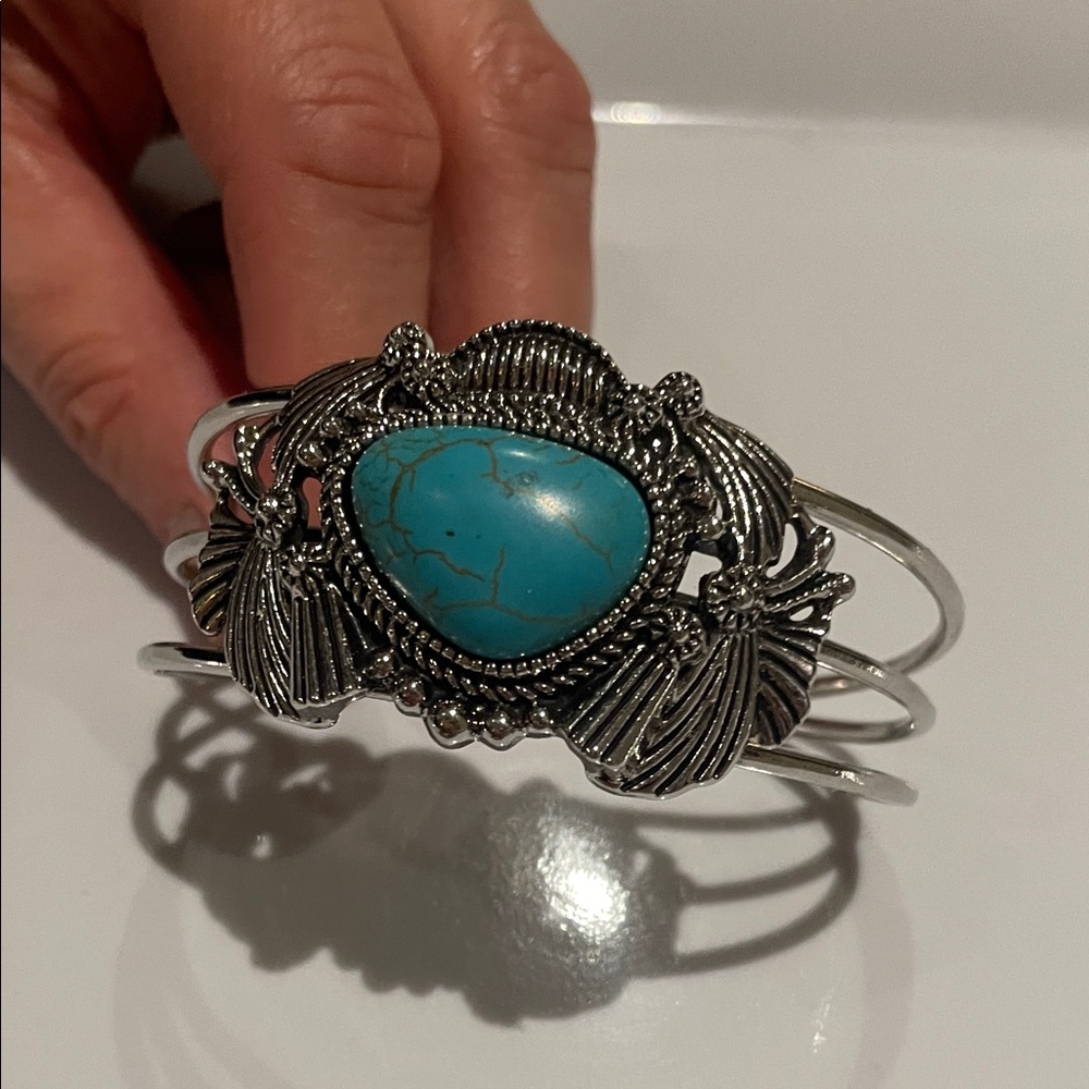 Turquoise Stone Silver-Tone Cuff Bracelet - Women's Jewelry
